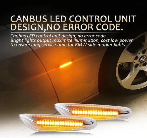 Vista 3 de D-Lumina Luces direccionales LED cromadas para BMW E90 E91 E92 E93 E46 E53 E60 E61 X3 E83 X1 E84 E81 E82 E87 E88, lente transparente ámbar lámparas