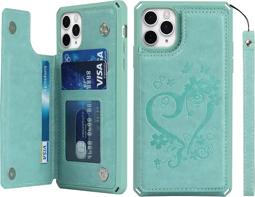 Vista 15 de iCoverCase Funda compatible con iPhone 11 Pro Max con tarjetero para mujer, bloqueo RFID en relieve, piel sintética con correa de muñeca para 11pro