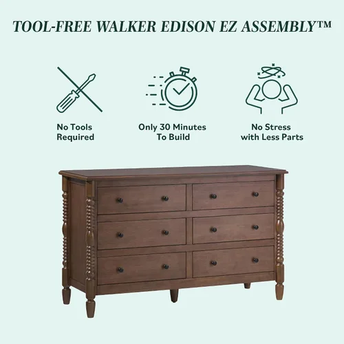Vista 6 de Walker Edison Vivienne EZ Assembly - Mesitas de noche de madera maciza con 1 cajón y cómoda de 6 cajones, 3 piezas, marrón oscuro