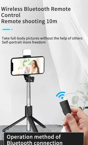 Vista 5 de Trípode selfie stick con luz de relleno, 40 pulgadas extensible y portátil estable trípode para selfie stick con control remoto inalámbrico Negro