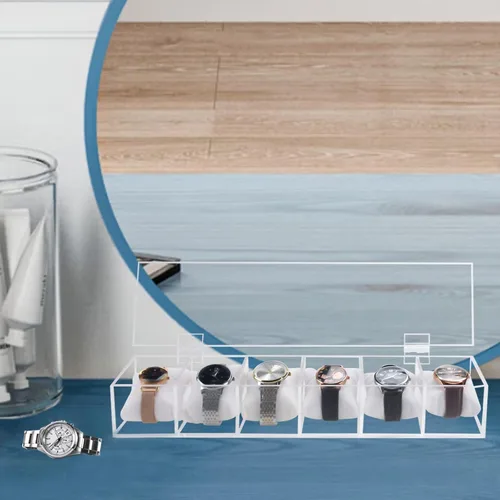 Vista 7 de Ptaedex Organizador de caja de reloj para hombres y mujeres, soporte de acrílico de 6 ranuras para relojes, organizador de joyería