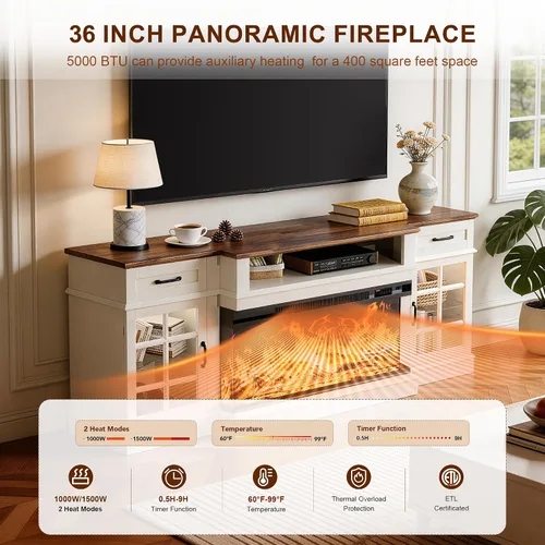 Vista 6 de MXV Soporte de TV con chimenea de 70 pulgadas, chimenea de vidrio de 3 lados y centro de entretenimiento moderno, consola multimedia de madera