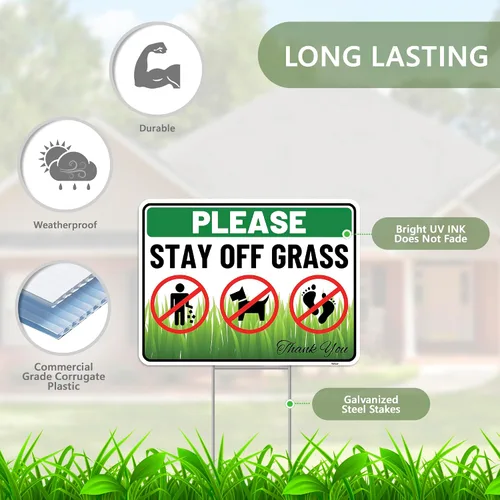 Vista 2 de 2 carteles con estaca, 12 x 9 pulgadas, plástico corrugado, con texto en inglés "Keep Off Dont Walk on Grass - No Dog Pooping Peeing Curb Your Dog