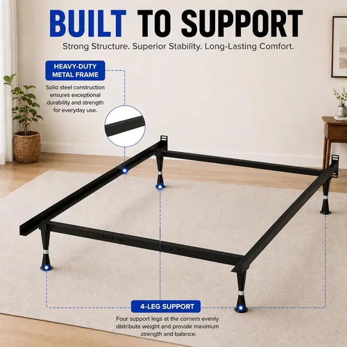 Vista 2 de Greaton, Base de cama de metal avanzada para somier y colchón, cabecero ajustable, sin ruido, sin herramientas, fácil montaje, soporte de 4 patas