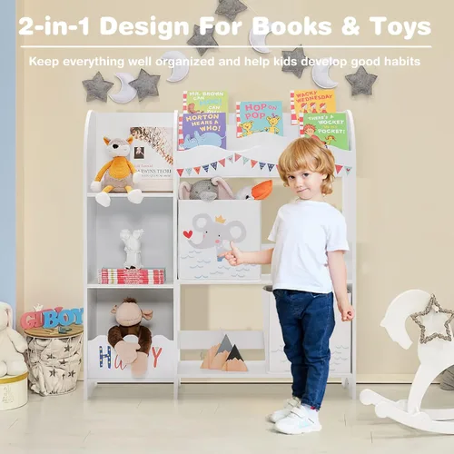 Vista 4 de HONEY JOY Organizador de almacenamiento de juguetes para niños, unidad de almacenamiento de madera con 2 cajas, estantería de exhibición para niños