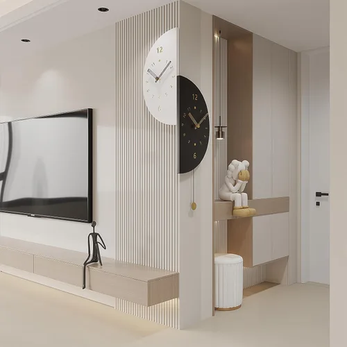 Vista 5 de Reloj de pared de esquina semicircular de doble cara con péndulo, movimiento de cuarzo silencioso, funciona con pilas, reloj decorativo para sala