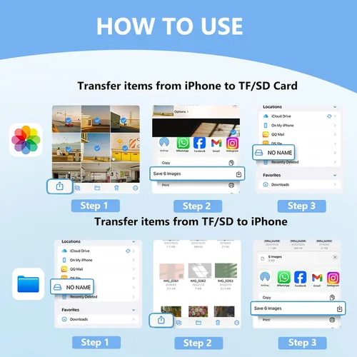 Vista 6 de Lector de tarjetas SD USB C para iPhone, lector de tarjetas de memoria 3 en 1, ranuras dobles con adaptador de cámara USB, adaptador de cámara