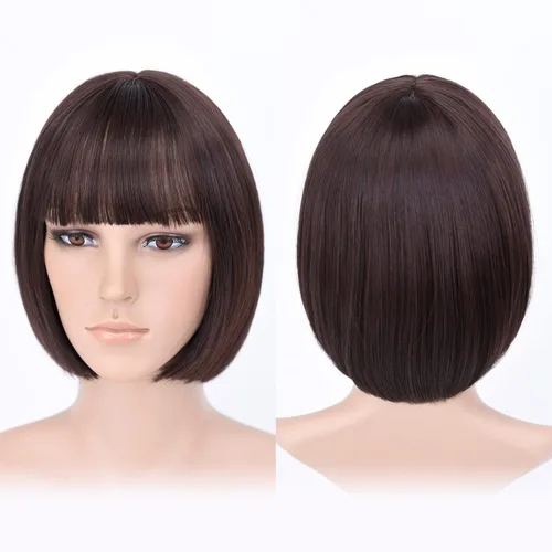 Vista 17 de Pelucas Bob con flequillo, peluca de cabello castaño rojizo de 10 Caoba