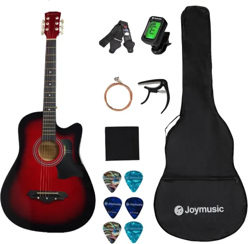 Vista 8 de Joymusic kit de guitarra acústica para principiantes de 38 pulgadas azul brillante, incluye estuche, correa con portapúas, afinador digital, juego