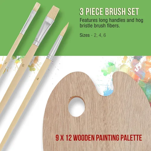 Vista 4 de US Art Supply - Set de paleta de madera con 6 unidades de acrílico y set de 3 unidades de brochas.