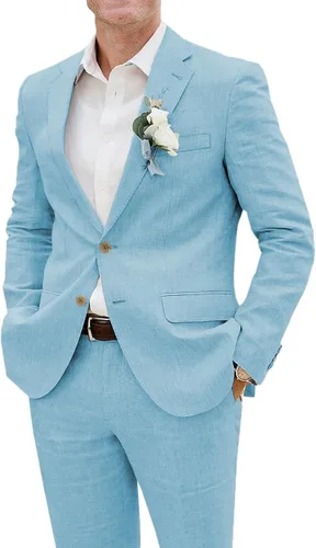 Vista 4 de Trajes casuales de verano para hombre, ajuste regular, 2 piezas, esmoquin, pantalones de lino para playa, boda