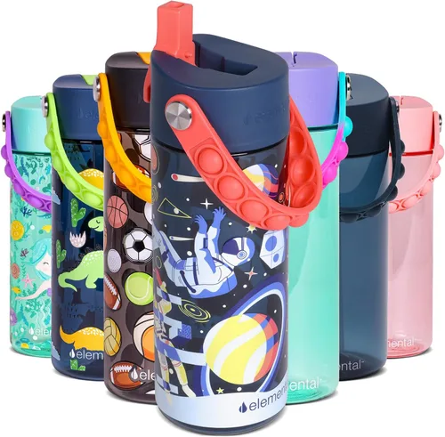 Vista 47 de Elemental Botellas de agua para niños – Botella de agua para niños Splash para la escuela con mango Pop-it – Botella de agua de plástico Tritan sin