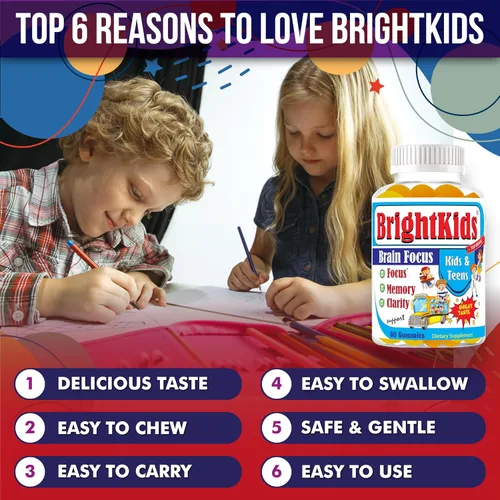 Vista 3 de BrightKids Gomitas Focus para niños y adolescentes – Gomitas cerebrales para memoria y concentración, vitaminas cerebrales Omega 3 DHA para niños