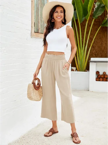 Vista 4 de GRAPENT Pantalones capri de pierna ancha con cintura elástica para mujer