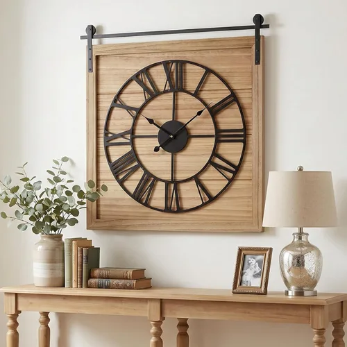 Vista 11 de EMAX HOME Reloj de pared grande estilo casa de campo, reloj de madera rústico cuadrado marrón de 24 pulgadas con letrero decorativo de madera
