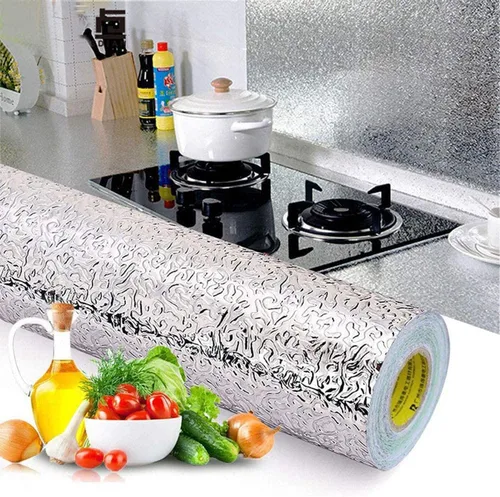 Vista 7 de Papel tapiz para cocina, adhesivo a prueba de aceite, salpicaduras, hoja de aluminio autoadhesiva, papel plateado, forro para gabinete, forro