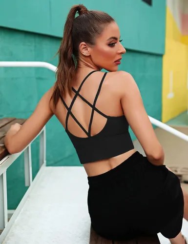 Vista 4 de Sykooria - Sostén deportivo con tirantes para mujer, espalda cruzada sexi, para yoga, correr, atletismo, gimnasio, entrenamiento, camiseta sin