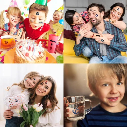 Vista 8 de 8 hojas (96 piezas) calcomanías náuticas de primer ancla temporales precortadas – Suministros de decoración náutica de fiesta de cumpleaños, regalos