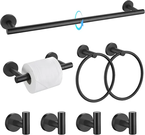 Vista 17 de TQKAG Juego de accesorios de baño negro y dorado de 5 piezas, juego de toalleros redondos de acero inoxidable de 23.6 pulgadas para baño montado
