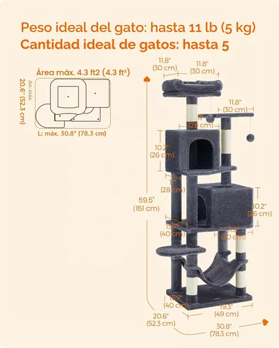 Vista 5 de Feandrea Cat Tree, 59.5-Inch Tall Cat Tower, Multi-Level Condo, Smoky Gray Gris ahumado (Smoky Gray)