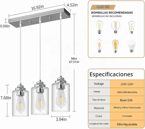 Vista 2 de Lámpara colgante moderna de isla industrial colgante de vidrio semillado, lámpara de techo cromada para cocina, isla, pasillo, dormitorio, bar Cromo
