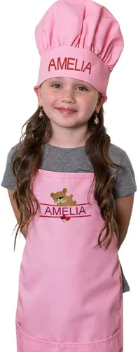 Vista 2 de Conjunto de delantal y sombrero personalizado para niños, diseño de animales, añade tu propio nombre para niños, cocina, horneado Blanco