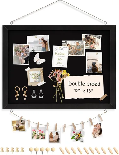 Vista 20 de Tablero de corcho de doble cara con lino, tablero de anuncios pequeño con marco de madera colgante de 12 x 12 pulgadas, kit de tablero de visión