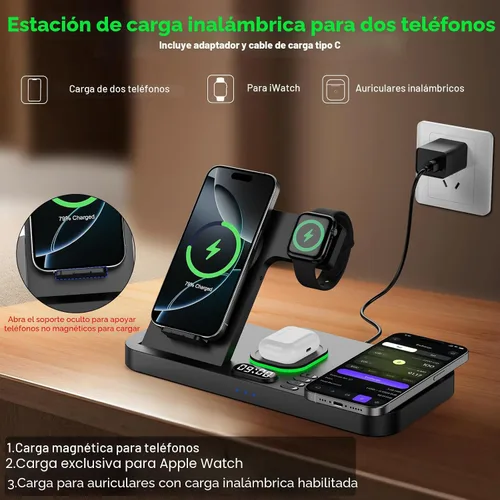 Vista 3 de Estación de carga inalámbrica de teléfono doble para dispositivos Apple, estación de carga magnética para iPhone con interruptor automático de luz