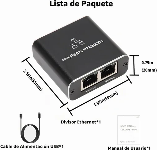 Vista 6 de Divisor Gigabit Ethernet Pushua 1 a 2 de Alta Velocidad, Divisor de Internet 1000Mbps 1 Entrada 2 Salidas, LAN con Cable de Alimentación USB, RJ45