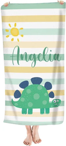 Vista 6 de Toalla de playa personalizada de dinosaurio para niños, bebés, niños y niñas con nombre de 30 x 56 pulgadas, toalla de baño con nombre personalizado