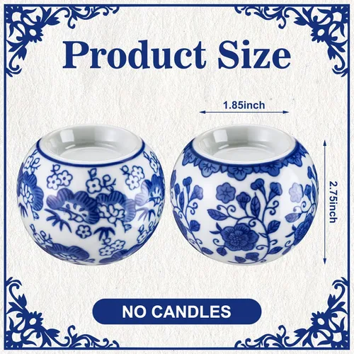 Vista 3 de Soaoo Paquete de 2 Portavelas Azules y Blancos Decoración Chinoiserie Portavelas de Porcelana para Velas de Té Portavelas Votivos para Vacaciones