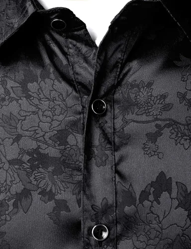 Vista 4 de ZEROYAA Camisas de vestir con botones de manga larga y estampado floral de jacquard rosa satinado brillante para hombre para fiesta de graduación