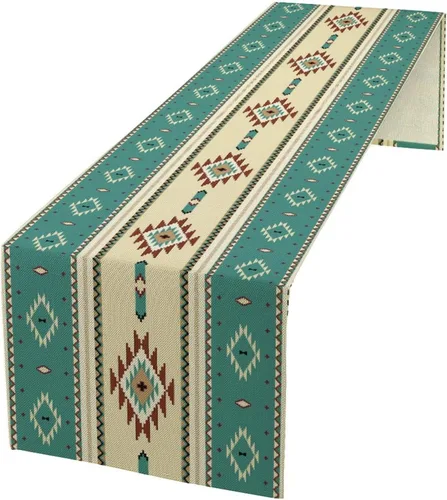 Vista 8 de Camino de mesa étnico del suroeste, navajo tribal nativo americano, bohemio, patrón geométrico azteca, camino de mesa para cocina, mesa de comedor