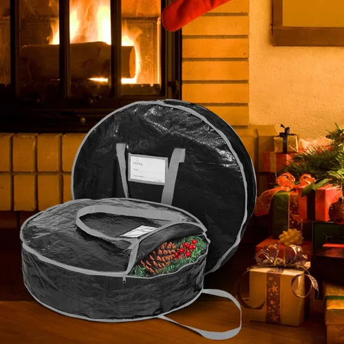 Vista 5 de Bolsa de almacenamiento para corona de Navidad de 24 pulgadas, contenedor de guirnalda con material resistente a desgarros, con asas resistentes