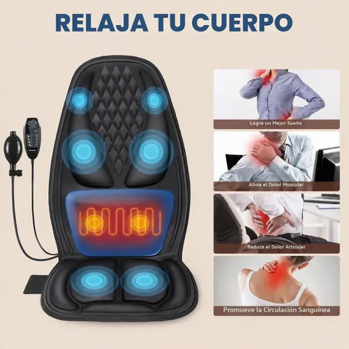 Vista 4 de Cojín de asiento de masaje de vibración con calor, almohadilla masajeador de silla de 8 motores con soporte lumbar ajustable manual, 9 modos, 3 Negro