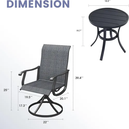 Vista 6 de VICLLAX Muebles pequeños de exterior de 3 piezas, 2 sillas giratorias de patio y mesa redonda pequeña para 2, sillas de carbón oscuro y negro