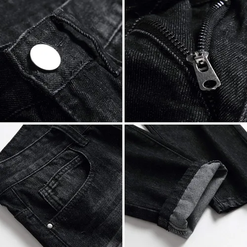Vista 6 de Pantalones rajados para hombre, de mezclilla, ajuste regular, pierna acampanada, de corte entallado, con agujeros, pantalones de hombre de mezclilla
