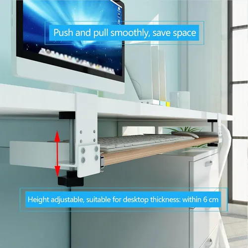 Vista 3 de Bandeja para teclado debajo del escritorio, plataforma deslizante, estante para cajón de mesa de computadora, soporte ajustable para brazo de codo