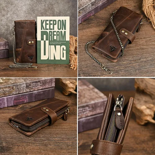 Vista 5 de Genuino Caballo Loco Cuero Regalo de Viaje Moneda Bolsillo Tarjetero Organizador Largo Cadena Rfid Cartera Monedero Con Broche Para Hombres Hombres