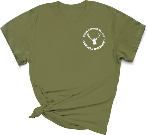 Vista 2 de MCILLO Camiseta de manga corta con cuello redondo para mujer con texto en inglés Hello Hunting Season Goodbye Husse