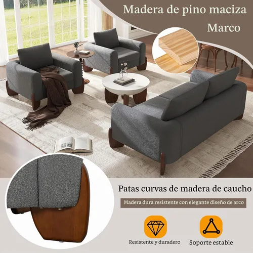 Vista 6 de Moderno juego de sofá de 3 piezas, 1 sofá biplaza y 2 sillones, juego de muebles modulares de sala de estar, tapicería Boucle, marco de sofá