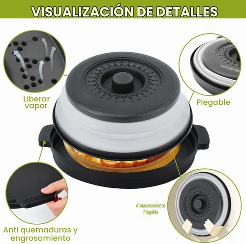 Vista 5 de Cubierta de salpicaduras para microondas para alimentos con placa base antiquemaduras, plástico grande y silicona ventilada para evitar quemaduras