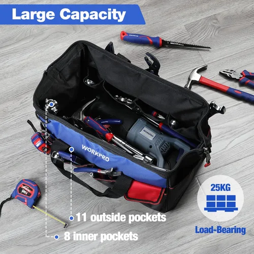 Vista 5 de WORKPRO Bolsa de herramientas, bolsa de herramientas de 18 pulgadas con base moldeada impermeable, bolsa organizadora de herramientas de tapa