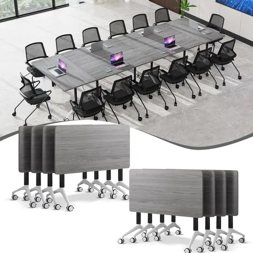 Vista 17 de Mesa de sala de conferencias, mesa de conferencias de 55.1 pulgadas con ruedas, moderna mesa de entrenamiento de conferencias de color madera Nuez