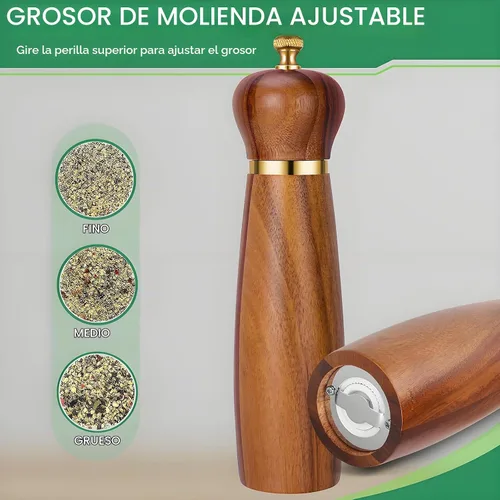 Vista 7 de Juego de molinillo de sal y pimienta de madera de acacia con base, molinillo de pimienta manual de 8 pulgadas con grosor ajustable, juego de 2