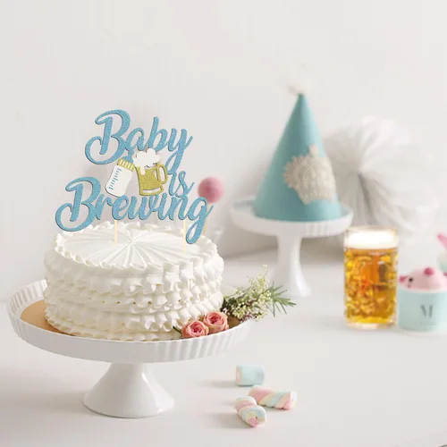 Vista 5 de 1 paquete de decoración de pastel con purpurina para decoración de baby shower temática de cerveza, decoración de revelación de género de bebé