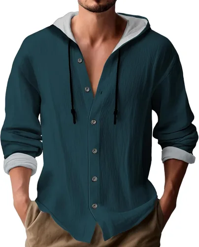 Vista 9 de Sudadera con capucha de manga larga para hombre, color liso, con botones, casual, ajuste holgado, para primavera, otoño, playa, con capucha