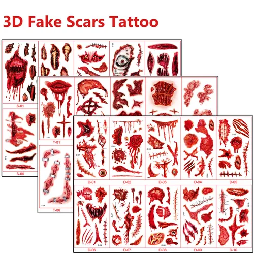 Vista 2 de Cicatrices falsas de Halloween, tatuajes temporales, maquillaje de sangre falsa, cortes de cicatrices falsas, puntadas falsas para la cara, tatuajes