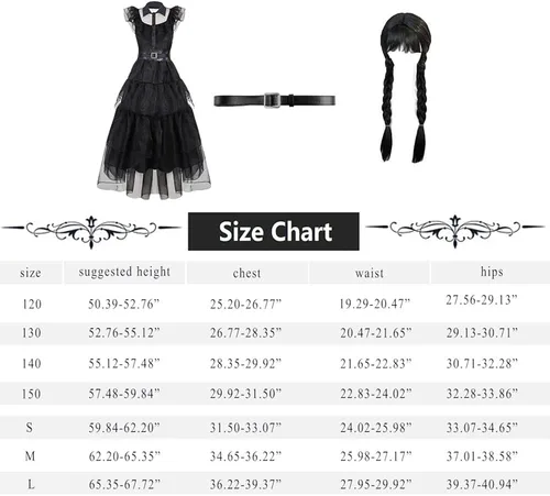 Vista 2 de CFNRHEOU Wednesday Addams Dress for Kids Girls,Family Party Dress Up Cosplay Outfit Gothic Dress Halloween Costumes with Hair