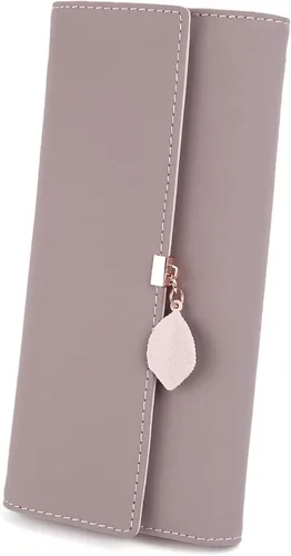 Vista 163 de UTO - Cartera pequeña RFID de piel sintética con dije de hoja, cierre de cremallera y tarjetero.